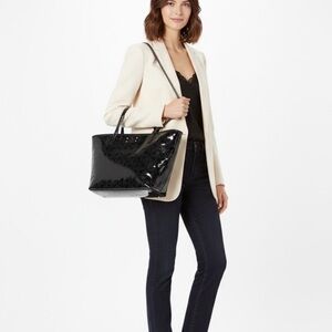 Kate Spade Sophia Camellia Street Black Patent Polka Dot Embossed Tote Bag Zip